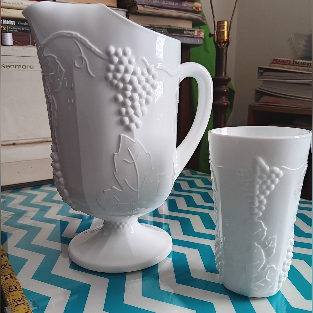Antique Opaque Milk Glass pitcher and tumbler